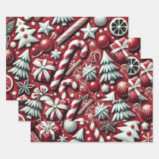 Christmas Candy Cane Tree Presents Red Decoupage ラッピングペーパーシート (セット)