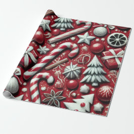 Christmas Candy Cane Tree Presents Red Decoupage ラッピングペーパー