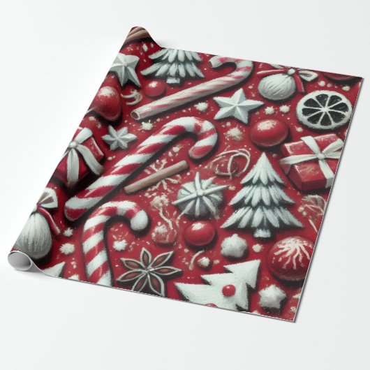 Christmas Candy Cane Tree Presents Red Decoupage ラッピングペーパー (アンロールド)