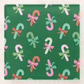 Christmas Candy Canes with Bows - Green Coaster ガラスコースター (正面)