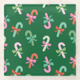 Christmas Candy Canes with Bows - Green Coaster ガラスコースター