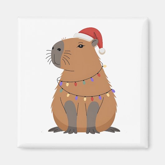 Christmas Capybara With Santa Hat Xmas Lights マグネット (正面)