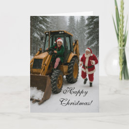Christmas card -  Elf stealing Santa's digger  カード