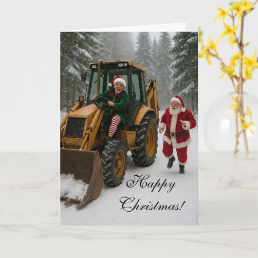 Christmas card -  Elf stealing Santa's digger  カード (黄色い花)