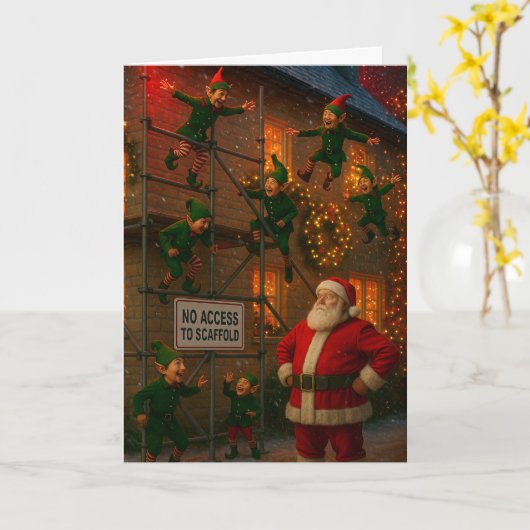 Christmas card Elves playing on scaffolding  カード (黄色い花)