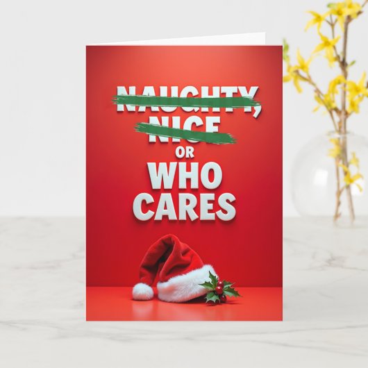 Christmas Card Naughty Nice Or Who Cares Joke カード (黄色い花)