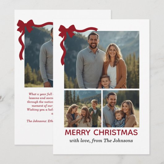 Christmas Card – Red Bow, 4 Photo, Personalized サンキューカード (正面/裏面)