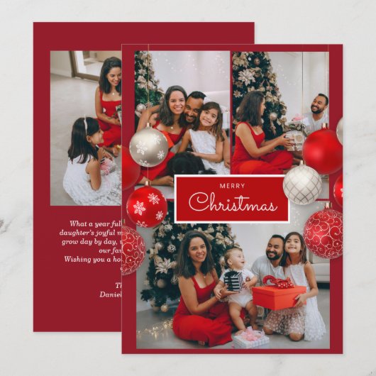 Christmas Card – Red Bow, 4 Photo, Personalized サンキューカード (正面/裏面)