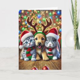 Christmas card with a dog, a cat and a bunny シーズンカード
