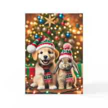 Christmas card with a dog and a bunny