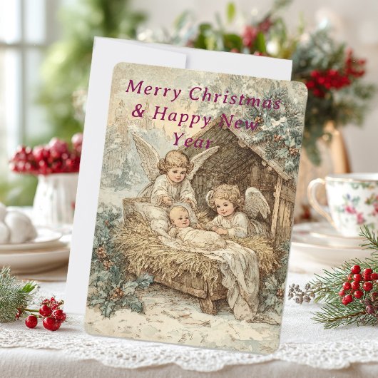 Christmas card with baby Jesus in a manger  招待状