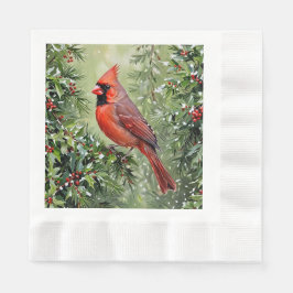 Christmas Cardinal and Holly Leaves 縁ありランチョンナプキン