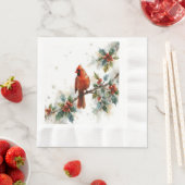 Christmas Cardinal and Holly Leaves 縁ありランチョンナプキン (インサイチュ)