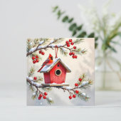 Christmas Cardinal & Birdhouse Personalized  Photo シーズンカード (スタンド正面)