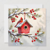 Christmas Cardinal & Birdhouse Personalized  Photo シーズンカード (正面)