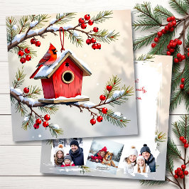 Christmas Cardinal & Birdhouse Personalized  Photo シーズンカード