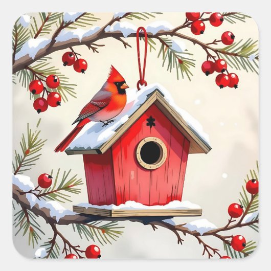 Christmas Cardinal Birdhouse snowy pine branch スクエアシール (正面)