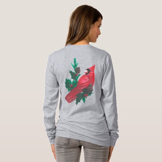 Christmas Cardinal Holly & Berries Long Sleeve Tee Tシャツ (裏面フル)