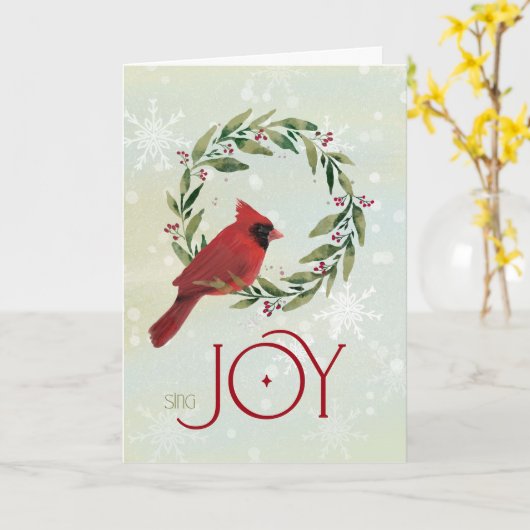Christmas Cardinal in Festive Wreath with Sing Joy カード (黄色い花)