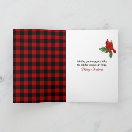Christmas Cardinal On a Buffalo Plaid Blanket カード (内部)
