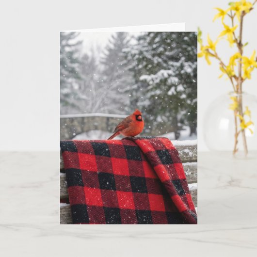 Christmas Cardinal On a Buffalo Plaid Blanket カード (黄色い花)