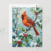 Christmas Cardinal on a Holly Branch ポストカード (正面/裏面)