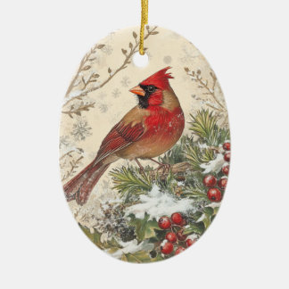 Christmas Cardinal Oval Ornament セラミックオーナメント