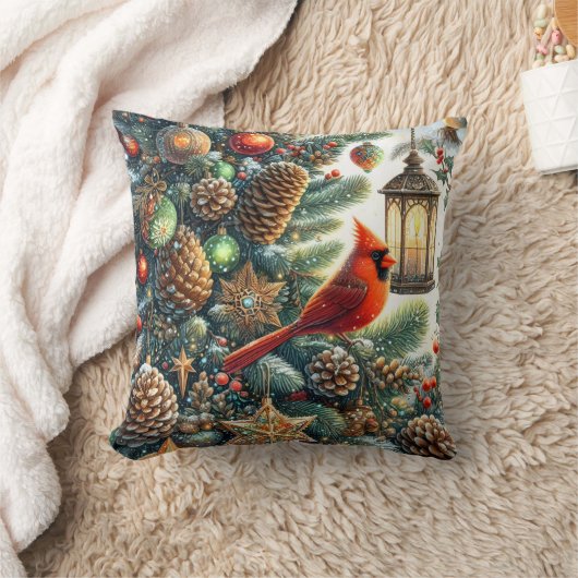 Christmas Cardinal with Pinecones and Lanterns クッション (ブランケット)