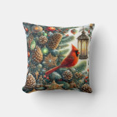 Christmas Cardinal with Pinecones and Lanterns クッション (正面)