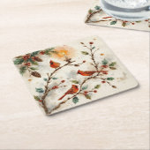Christmas Cardinals スクエアペーパーコースター (アングル)