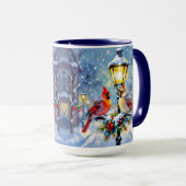 Christmas Cardinals and Snowy Lamppost マグカップ (正面右)
