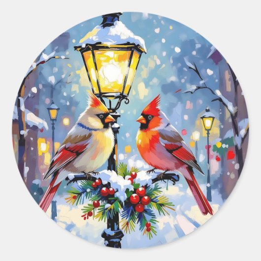 Christmas Cardinals and Snowy Lamppost ラウンドシール (正面)