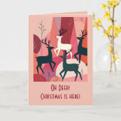 Christmas Caribou Pink KItsch MId-Century Retro カード (黄色い花)