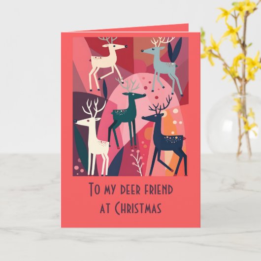 Christmas Caribou Pink Kitsch Retro Modern Design カード (黄色い花)