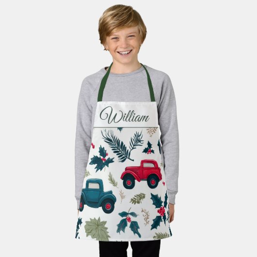 Christmas Cars Design | Custom Name Kids Apron エプロン (着用した状態)