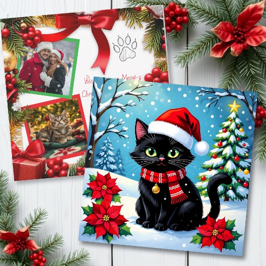 Christmas Cat and Two Photo Template Holiday シーズンカード