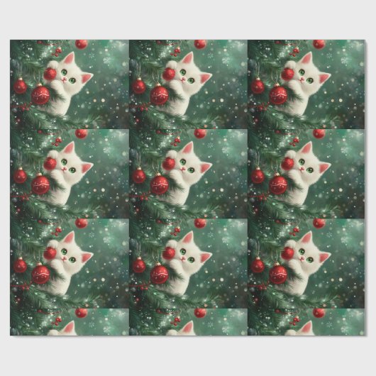 Christmas Cat Climbing Xmas Tree ラッピングペーパー (フラット)