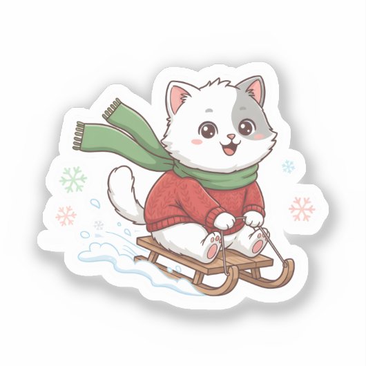 Christmas Cat – Cute Winter Cat Sledding design シール (正面)