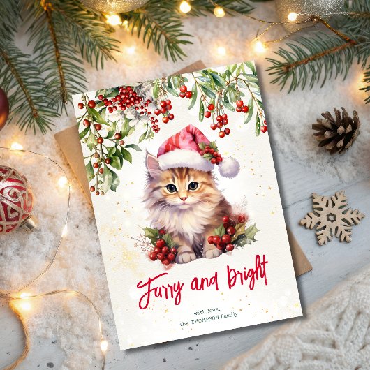 Christmas cat furry and bright シーズンカード