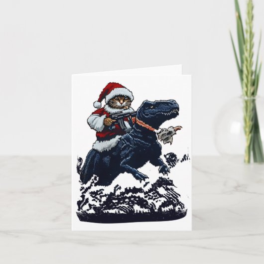 Christmas Cat In Santa Hat Holding A Gun And Dinos カード (正面)