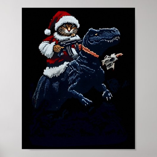 Christmas Cat In Santa Hat Holding A Gun And Dinos ポスター (正面)