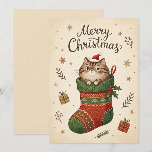Christmas Cat in Stocking シーズンカード (正面/裏面)