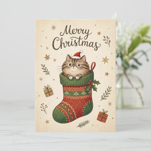 Christmas Cat in Stocking シーズンカード (スタンド正面)