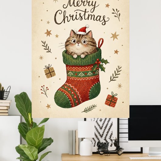 Christmas Cat in Stocking ポスター (ホームオフィス)