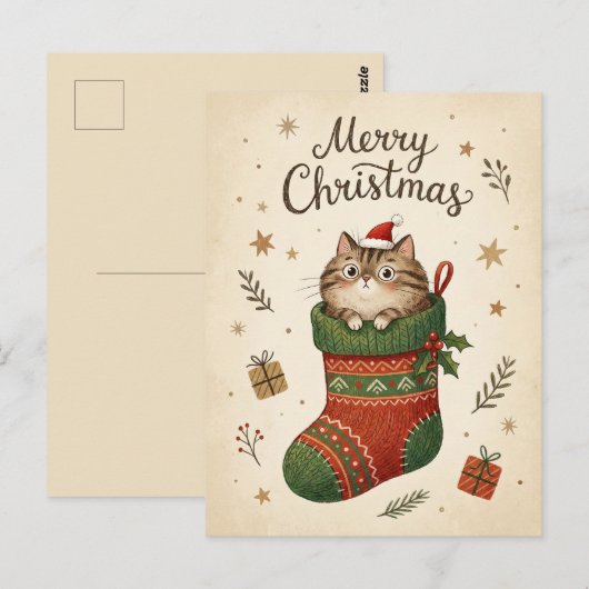 Christmas Cat in Stocking ポストカード (正面/裏面)