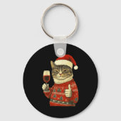 Christmas Cat Likes Cute Cat Drinking Wine With Sa キーホルダー (正面)