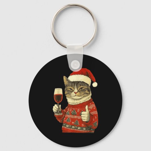 Christmas Cat Likes Cute Cat Drinking Wine With Sa キーホルダー (正面)
