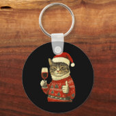 Christmas Cat Likes Cute Cat Drinking Wine With Sa キーホルダー (正面)