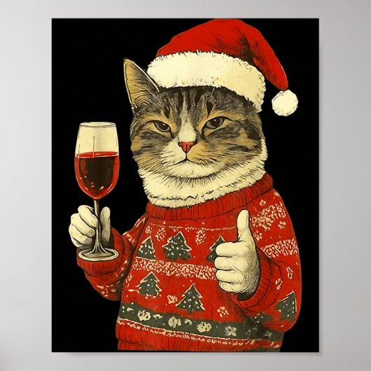 Christmas Cat Likes Cute Cat Drinking Wine With Sa ポスター (正面)
