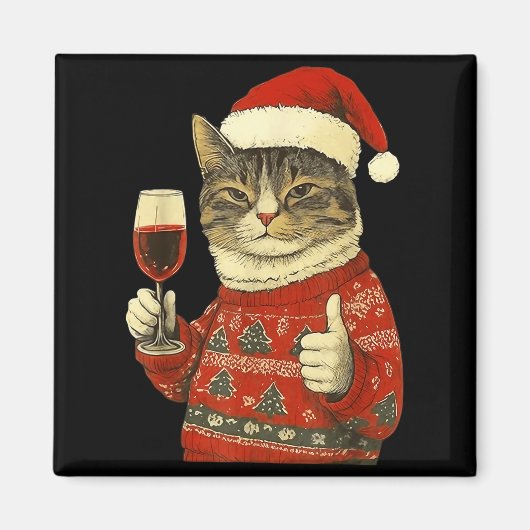 Christmas Cat Likes Cute Cat Drinking Wine With Sa マグネット (正面)